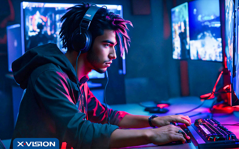 گیمر در حال بازی با مانیتور